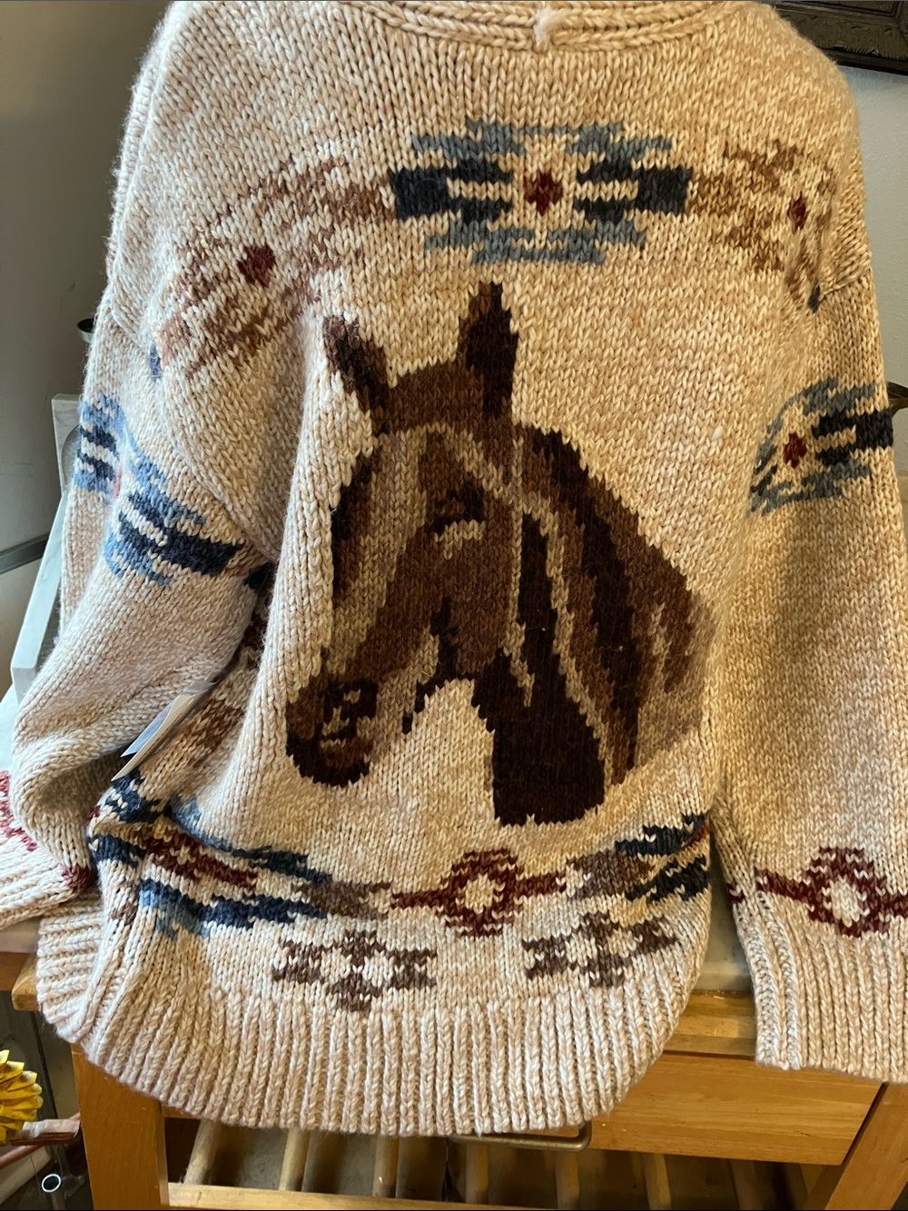Lucky Brand Neutral & Rust Knit Cardigan Mexican Design Horse Fab Back!! L - Picture 2 of 11